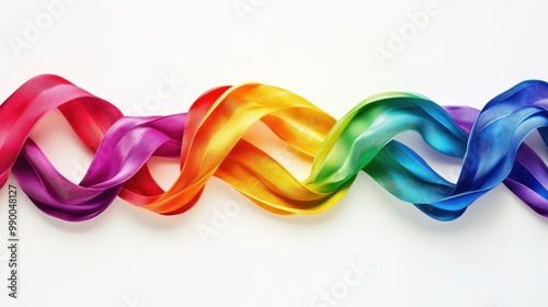 An artistic design of rainbow-colored ribbons intertwined to form a flag, representing LGBTQ pride and inclusivity.