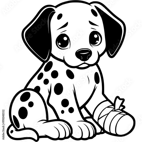 Spotted dalmatian puppy with injured paw bandaged by vet in monochrome. Simple minimalistic vector in black ink drawing on transparent background