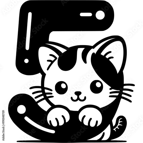 Little kitten hid behind the number five digit in kitty style in monochrome. Simple minimalistic vector in black ink drawing on transparent background