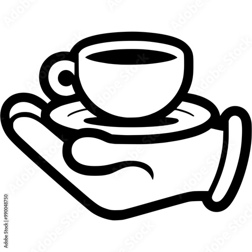 Waiter hand serves coffee in cup on saucer in monochrome. Simple minimalistic vector in black ink drawing on transparent background