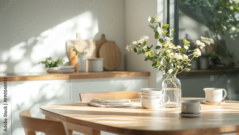 A Bright and Inviting Kitchen Scene Captured with Sunlight, Showcasing Fresh Flowers, Elegant Tableware, and a Calming Atmosphere Perfect for Relaxed Moments or Gatherings. A Bright and Inviting Kitchen Scene Captured with Sunlight, Showcasing Fresh Flowers, Elegant Tableware, and a Calming Atmosphere Perfect for Relaxed Moments or Gatherings.