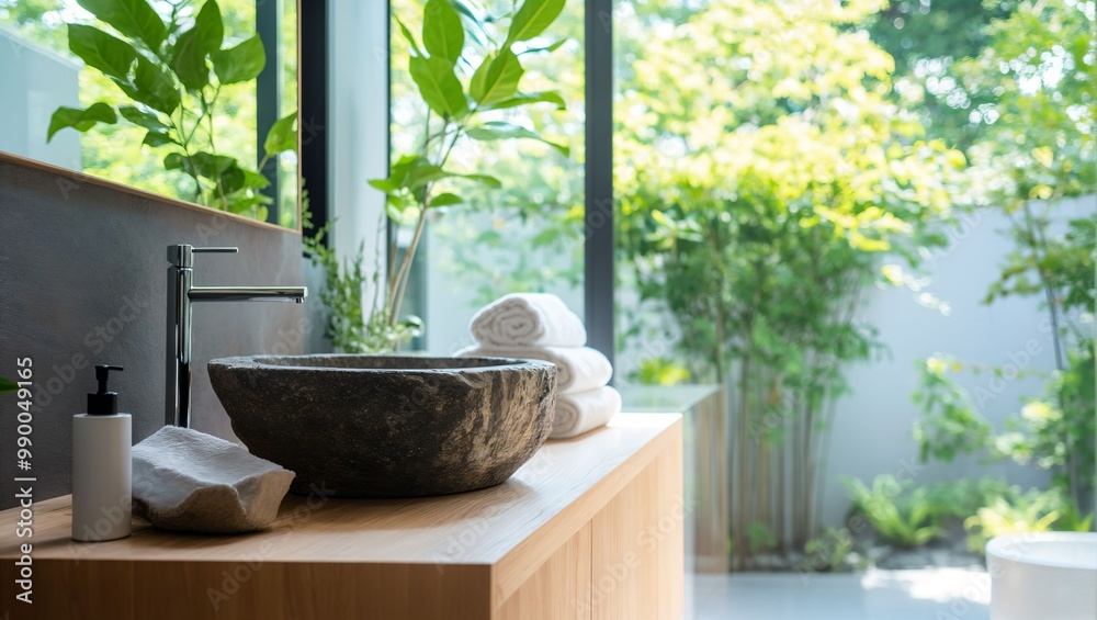 A serene and stylish bathroom setting featuring a stone sink, sleek faucet, softness of towels, and greenery, creating a perfect blend of comfort and tranquility. A serene and stylish bathroom setting featuring a stone sink, sleek faucet, softness of towels, and greenery, creating a perfect blend of comfort and tranquility.