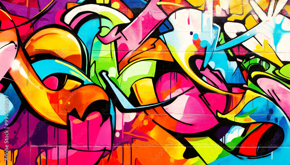 A graffiti-covered urban wall, showcasing vibrant colors, bold lines, and an edgy, artistic vibe