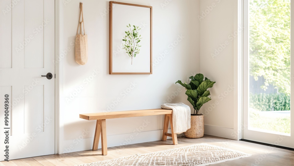 A sunlit entryway featuring a wooden bench adorned with a cozy blanket, elegant wall art, and a vibrant potted plant creates a welcoming, serene atmosphere perfect for relaxation. A sunlit entryway featuring a wooden bench adorned with a cozy blanket, elegant wall art, and a vibrant potted plant creates a welcoming, serene atmosphere perfect for relaxation.
