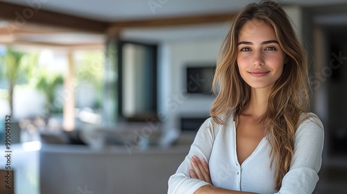 confident european woman real estate agent in a modern home, professional realtor with expertise in property sales, ready to assist home buyers with approachable and successful service