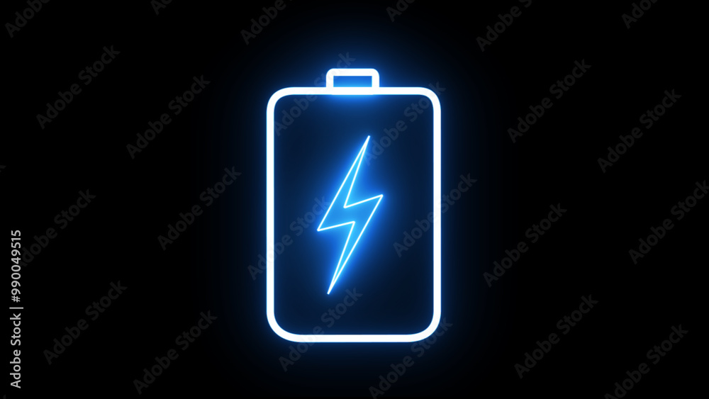 Battery charging with a power bolt icon. Blue color neon lightning bolt, glowing sign. Abstract neon bolt icon with circle on black background Battery charging with a power bolt icon. Blue color neon lightning bolt, glowing sign. Abstract neon bolt icon with circle on black background