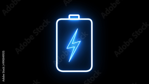 Battery charging with a power bolt icon. Blue color neon lightning bolt, glowing sign. Abstract neon bolt icon with circle on black background