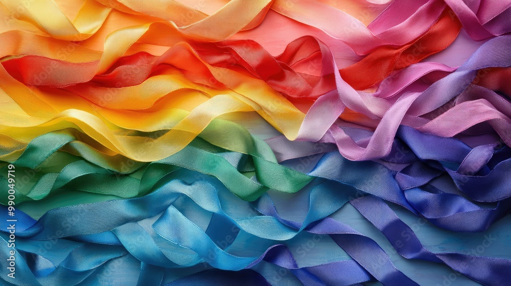 Artistic interpretation of a pride flag with rainbow-colored ribbons cascading in unity, symbolizing LGBTQ pride. Artistic interpretation of a pride flag with rainbow-colored ribbons cascading in unity, symbolizing LGBTQ pride.