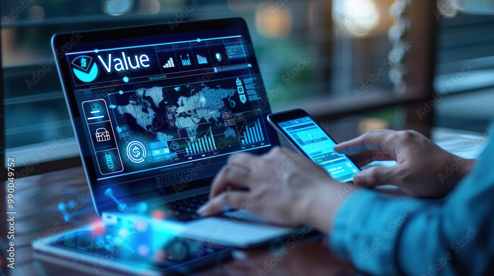 Concept of delivering value through digital business solutions, displaying icons representing customer value, teamwork, analytics, and value proposition Concept of delivering value through digital business solutions, displaying icons representing customer value, teamwork, analytics, and value proposition