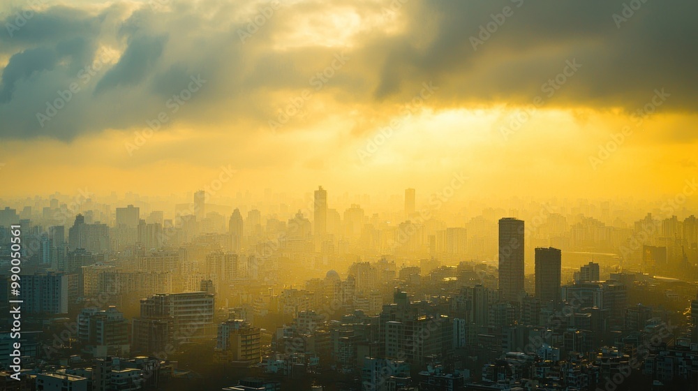 Fototapeta premium Yellow sky over a cityscape, highlighting the contrast between natural and urban elements.