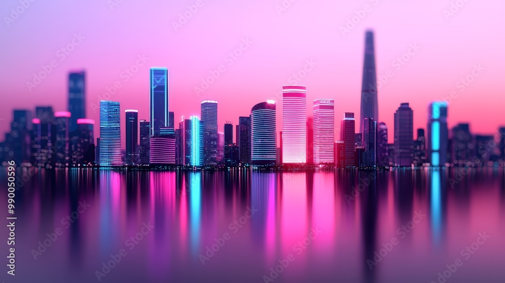 Fototapeta premium Modern City Skyline Reflecting in Water at Sunset Highlighting Environment Social Governance (ESG) Concept