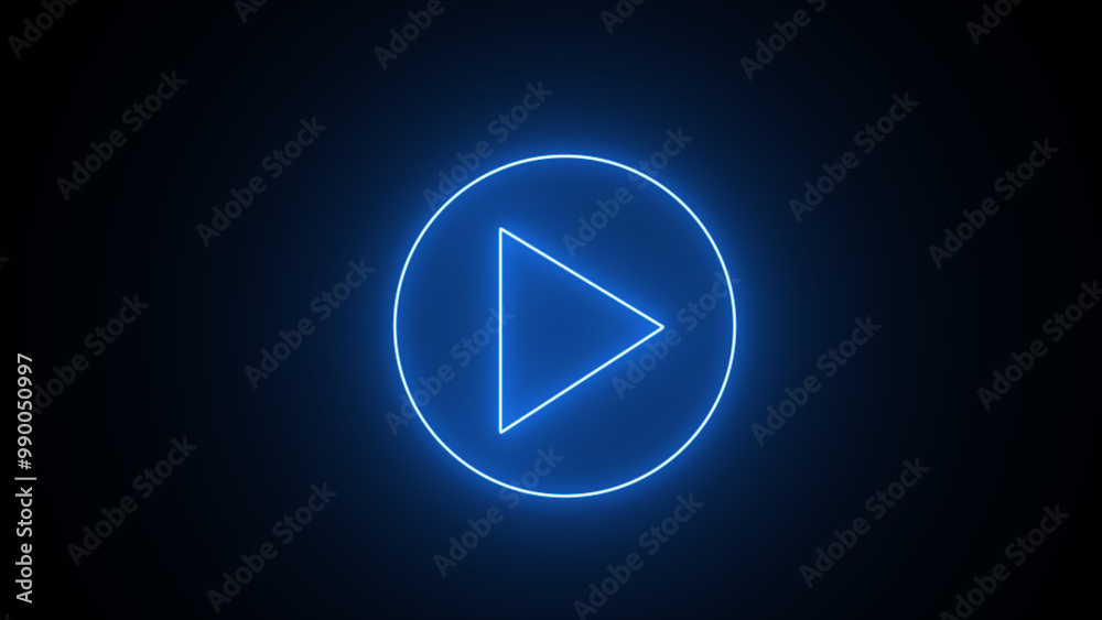 Fototapeta premium Glowing blue neon flickering play button sign. Bright neon play button blinking icon