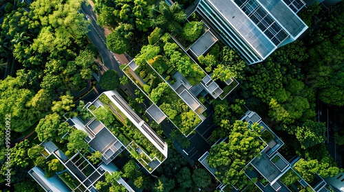 An aerial view of a contemporary office complex nestled among verdant trees, highlighting urban greenery.  photo