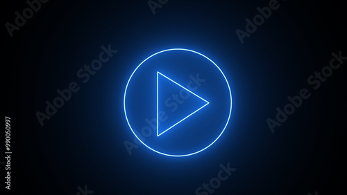 Glowing blue neon flickering play button sign. Bright neon play button blinking icon