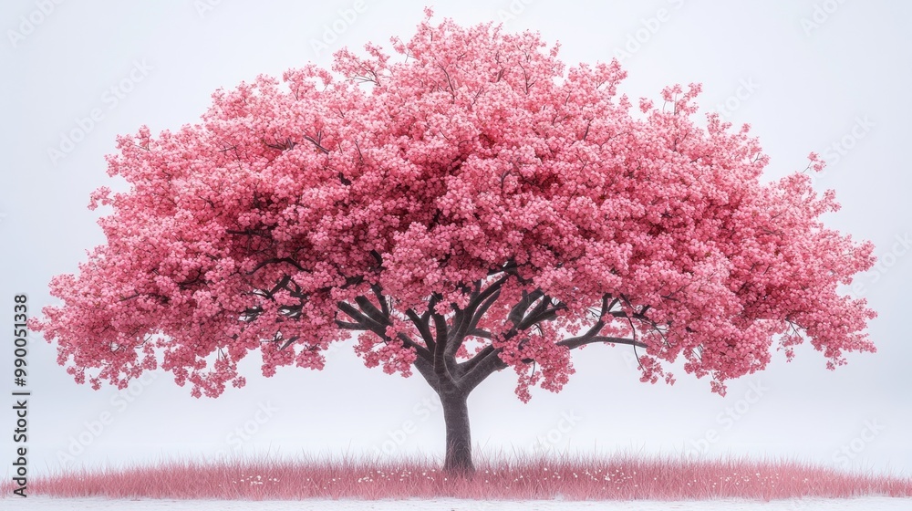 A vibrant pink flowering tree against a soft white background. A vibrant pink flowering tree against a soft white background.