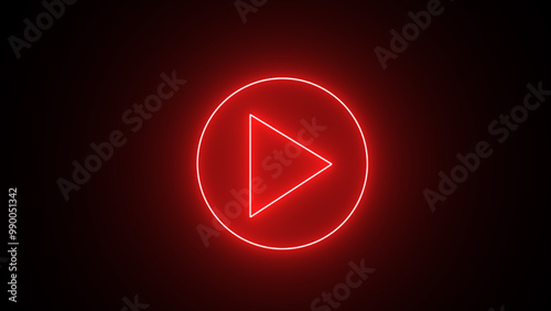 Glowing red neon flickering play button sign. Bright neon play button blinking icon with circle