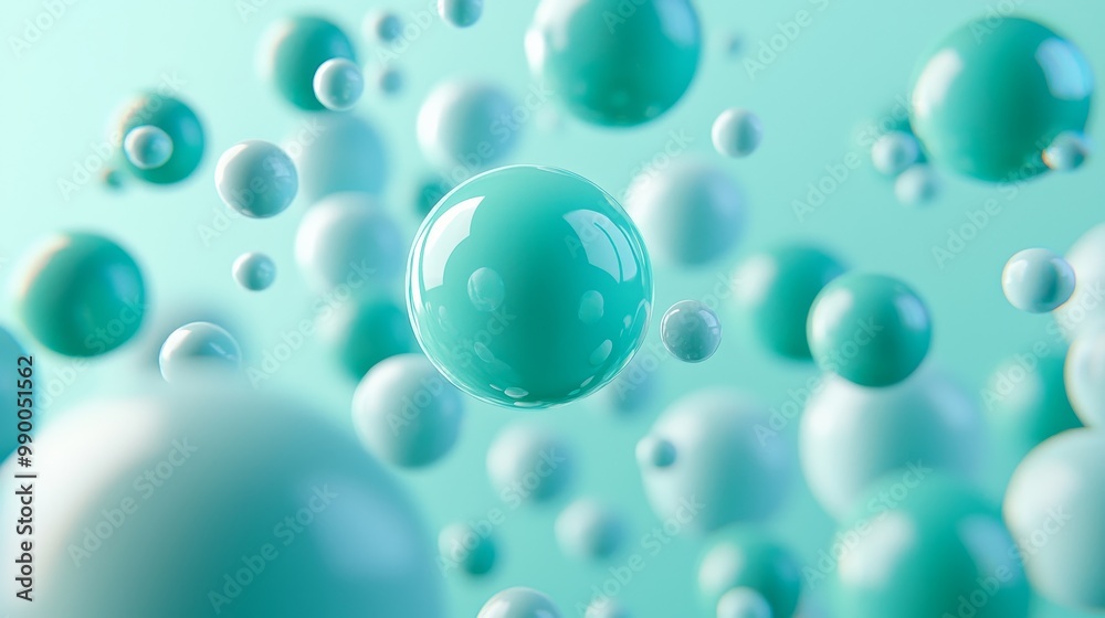 Abstract 3D Render of Floating Spheres in Soft Green and Blue Tones with Depth of Field Effect Abstract 3D Render of Floating Spheres in Soft Green and Blue Tones with Depth of Field Effect