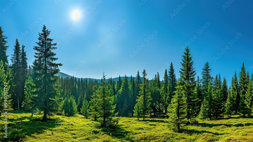 A panoramic view of a vibrant green spruce tree forest under a clear blue sky, bathed in sunlight. A panoramic view of a vibrant green spruce tree forest under a clear blue sky, bathed in sunlight.