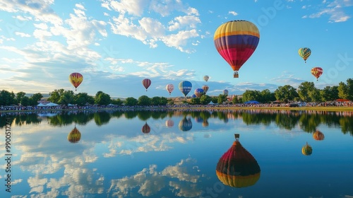 Balloons reflected in a calm lake as they rise into the sky during the Albuquerque International Balloon Fiesta.