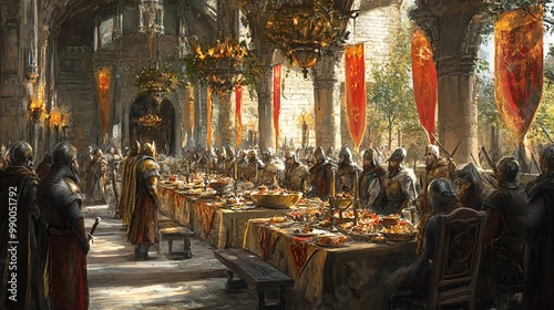 A grand medieval banquet scene featuring knights, a lavish table, and ornate decorations in a castle hall. photo