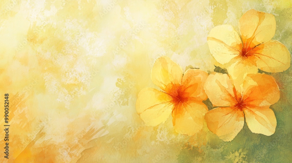 Naklejka premium Yellow watercolor flowers painted on canvas, offering a delicate and artistic touch.