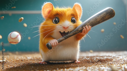 Cartoon hamster playing baseball, midswing with a bat, energetic and fun, vibrant colors photo