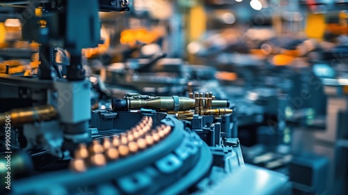 A defense industry factory with multiple arms being manufactured, ranging from firearms to heavy artillery, highlighting global defense supply chains.