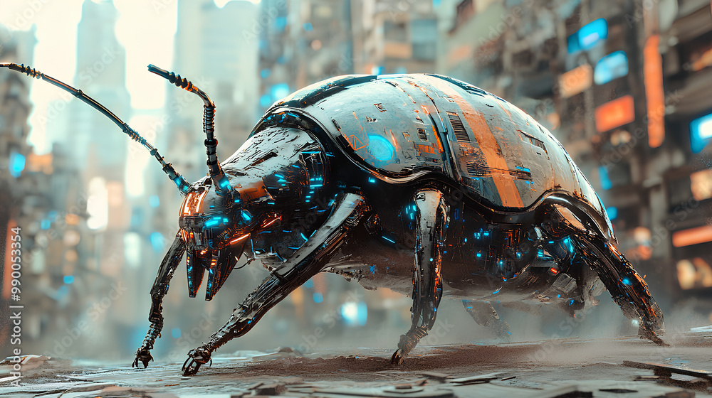 A futuristic robotic insect with glowing elements in a cityscape. A futuristic robotic insect with glowing elements in a cityscape.