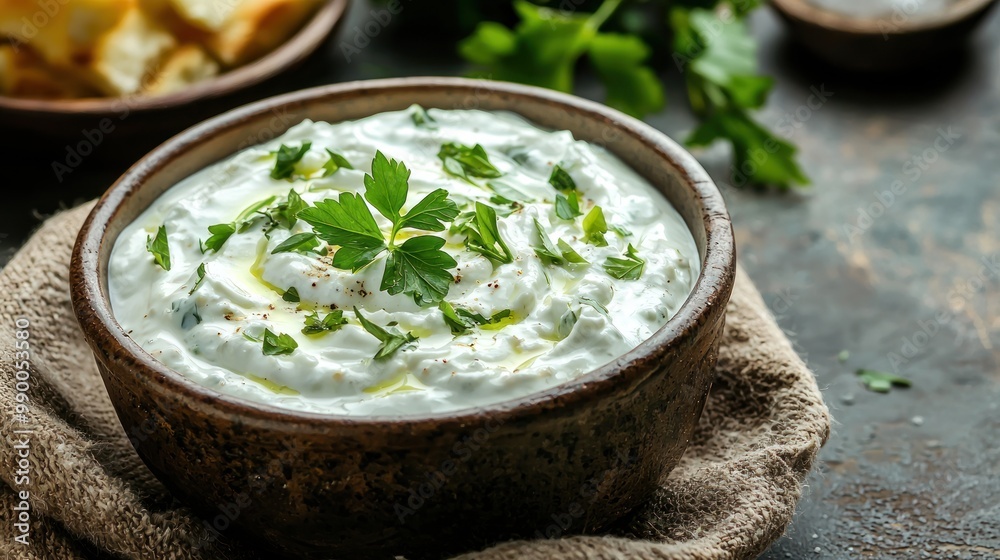 Yogurt dip with a garnish of fresh herbs, ready to be enjoyed as a refreshing dip. Yogurt dip with a garnish of fresh herbs, ready to be enjoyed as a refreshing dip.