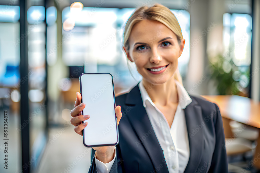Female general manager holding modern smart phone in hands Showing screen, Close up screen white mock up, Blurred at modern office background Female general manager holding modern smart phone in hands Showing screen, Close up screen white mock up, Blurred at modern office background