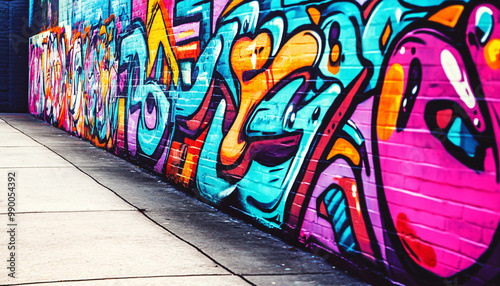 A graffiti-covered urban wall, showcasing vibrant colors, bold lines, and an edgy, artistic vibe