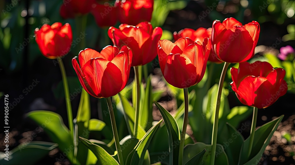 Fototapeta premium Bright red tulips in a flowerbed, with sunlight casting shadows on the petals.