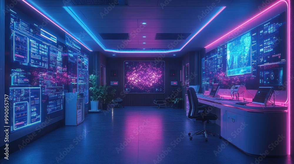 Futuristic control room with neon lighting and digital displays. Futuristic control room with neon lighting and digital displays.