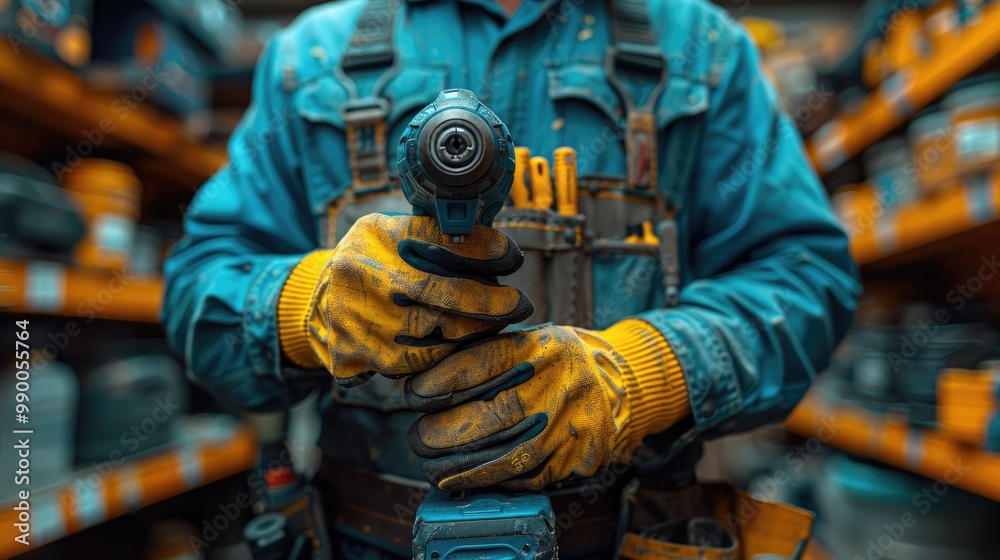 A worker holding an electric drill in his hand on the background of a construction materials store. A worker holding an electric drill in his hand on the background of a construction materials store.