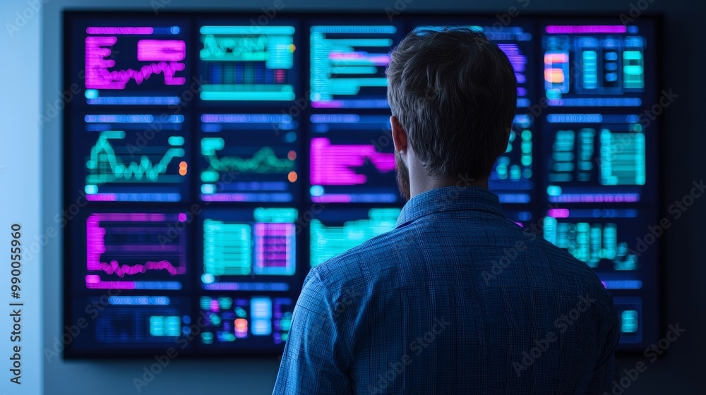 Man Monitoring Smart Home Technology with Multiple Digital Screens Displaying Data and Analytics in Modern Home Man Monitoring Smart Home Technology with Multiple Digital Screens Displaying Data and Analytics in Modern Home