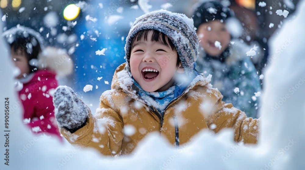 Children and families laughing and playing in the snow at an interactive display during the Sapporo Snow Festival. Children and families laughing and playing in the snow at an interactive display during the Sapporo Snow Festival.