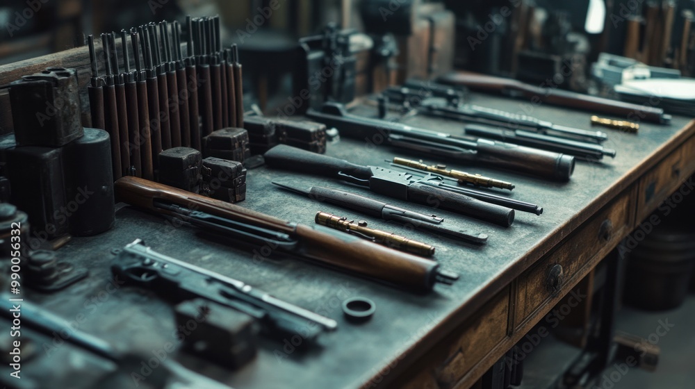 Naklejka premium A vintage weaponry production facility, focused on recreating weapons from past eras with precision and historical accuracy.