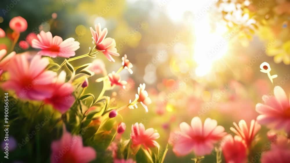A serene morning in a blooming garden as sunlight illuminates vibrant pink flowers A serene morning in a blooming garden as sunlight illuminates vibrant pink flowers