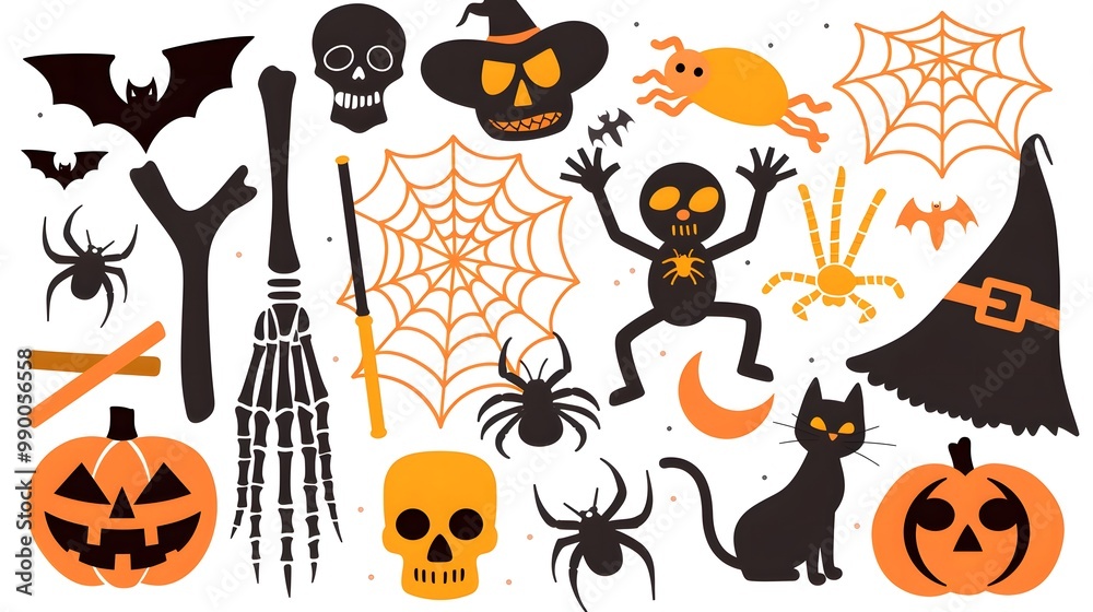 Flat vector Halloween icons showcasing a stylish skeleton, perfect for festive decorations, graphic designs, and seasonal themes that celebrate the fun and eerie spirit of Halloween Flat vector Halloween icons showcasing a stylish skeleton, perfect for festive decorations, graphic designs, and seasonal themes that celebrate the fun and eerie spirit of Halloween