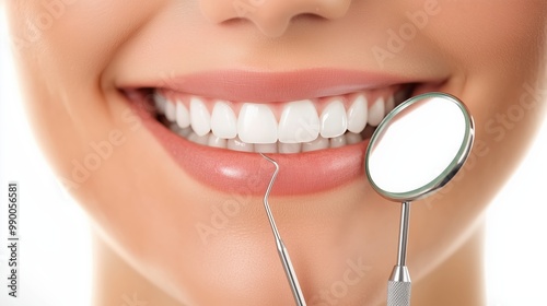 Beautiful woman smiling with her white teeth with dental tools 