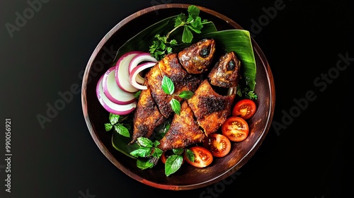 Fried fish in a wooden bowl with vegetable slices on a dark background  photo