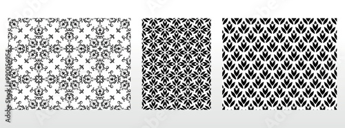 Geometric floral set of seamless patterns. White and black vector backgrounds. Damask graphic ornaments.