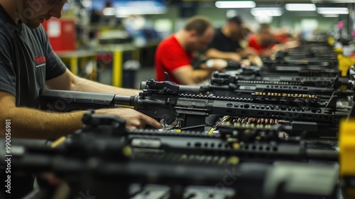 Wallpaper Mural Firearm assembly line with skilled workers assembling rifles and handguns, emphasizing precision in every component. Torontodigital.ca