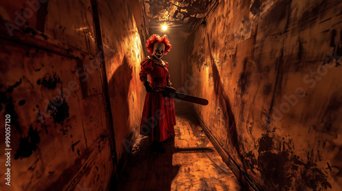 An evil clown with a chainsaw stands in a creepy alley - a haunted house or Halloween theme sadistic clown in the shadows photo
