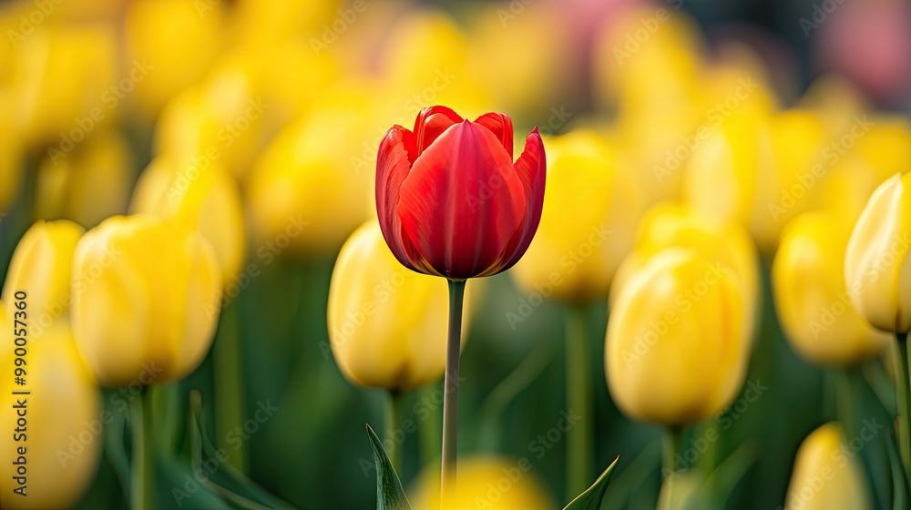 Close-up of a single red tulip surrounded by yellow tulips in a garden. Close-up of a single red tulip surrounded by yellow tulips in a garden.