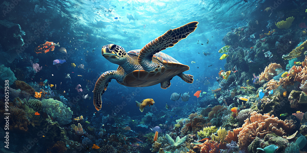 A sea turtle swimming through a polluted ocean filled with plastic waste A sea turtle swimming through a polluted ocean filled with plastic waste