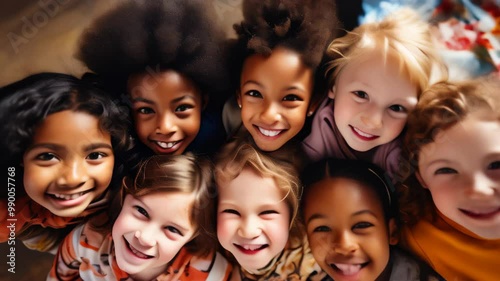 A joyful gathering of diverse children smiling together in a close-knit circle during an afternoon activity