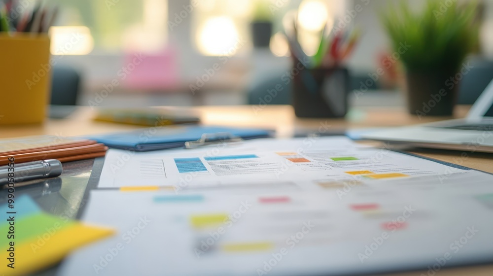 A close-up of strategic planning document, featuring mission statements, goals A close-up of strategic planning document, featuring mission statements, goals