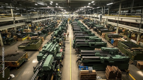 The arms industry in full production, with rows of military equipment and weapons being manufactured, showing the scale of defense manufacturing.