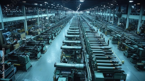 The arms industry in full production, with rows of military equipment and weapons being manufactured, showing the scale of defense manufacturing.